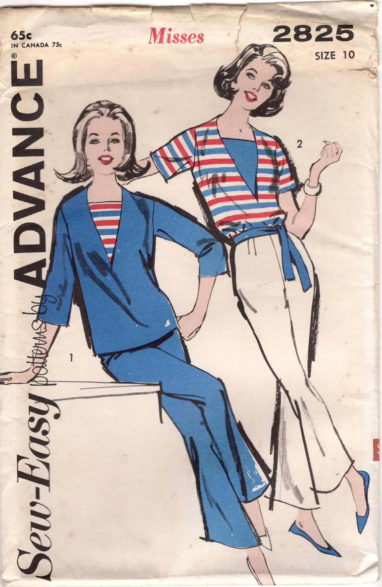 1960's Advance Sports Separates with Pullover Blouse, Dickey and High Waisted Bell Bottom Pants Pattern - Bust 31" - no. 2825