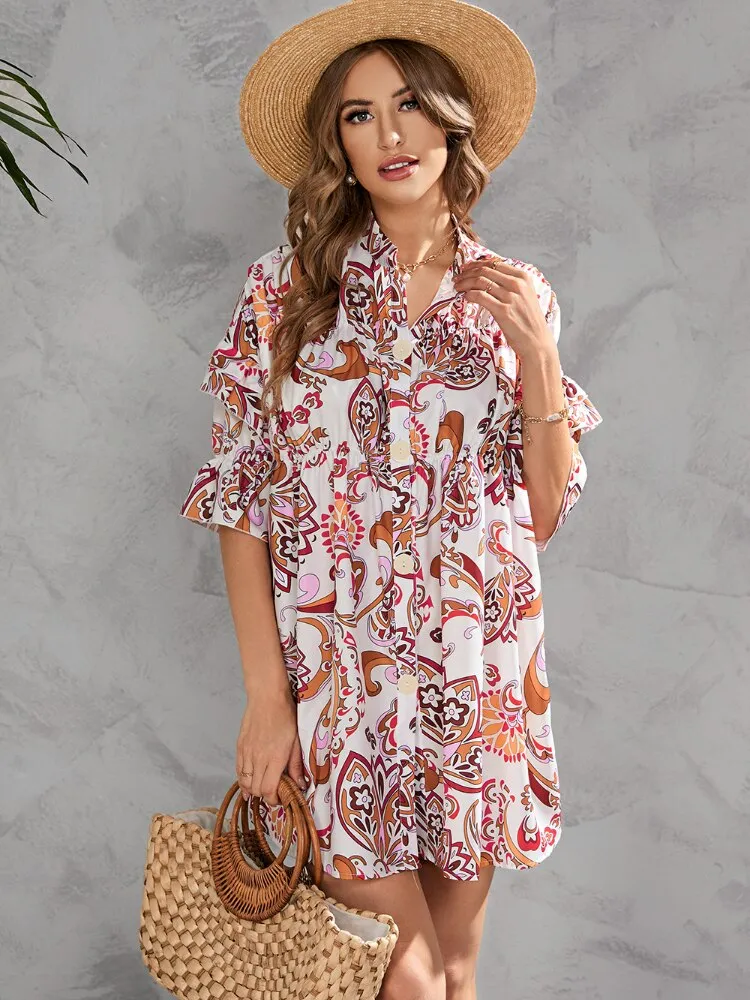 2022 Summer Single Breasted Dress Comfortable Printed V-neckline Dress Fashion Temperament Commuter Women's Wear Dresses Women