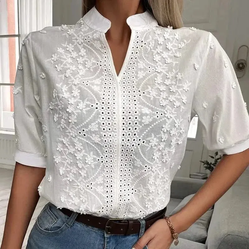 2024 Spring Embroidery Women Blouse - Vintage Cotton Hollow-out Tops