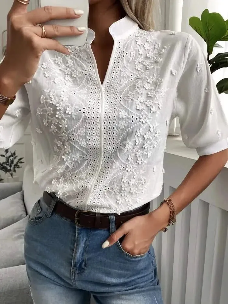 2024 Spring Embroidery Women Blouse - Vintage Cotton Hollow-out Tops