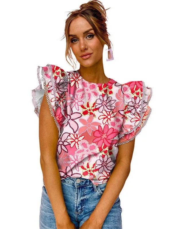 Abstract Floral Print Ruffled Blouse