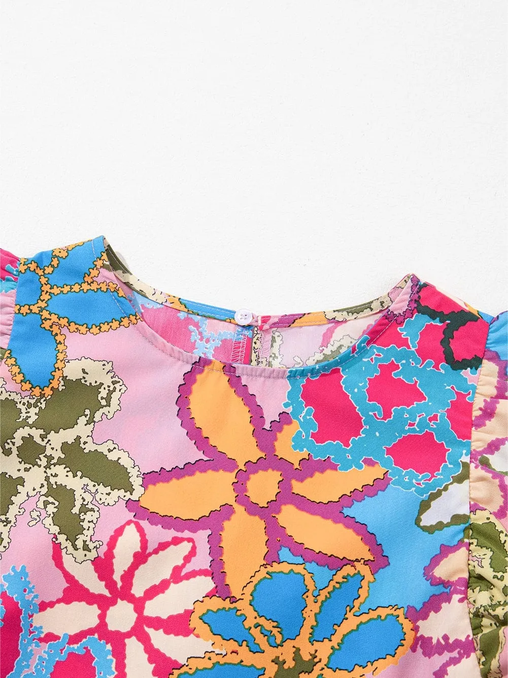 Abstract Floral Print Ruffled Blouse