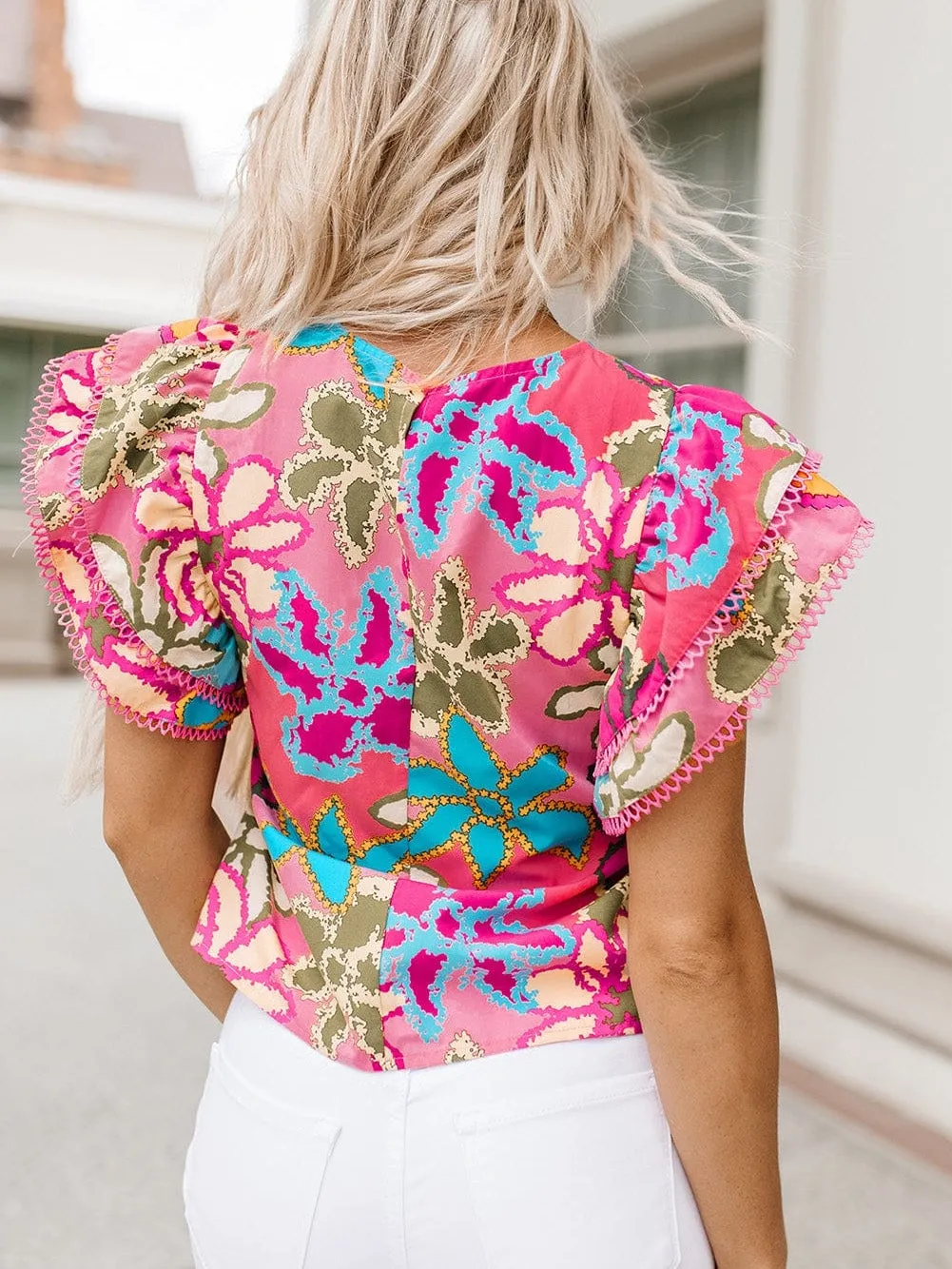 Abstract Floral Print Ruffled Blouse