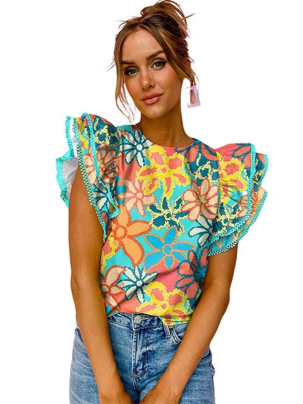 Abstract Floral Print Ruffled Blouse