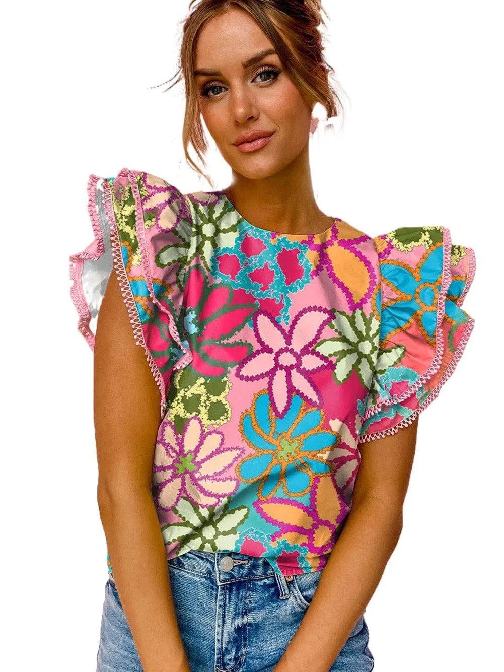 Abstract Floral Print Ruffled Blouse