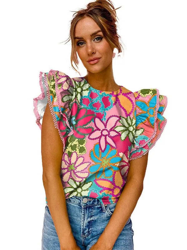 Abstract Floral Print Ruffled Blouse