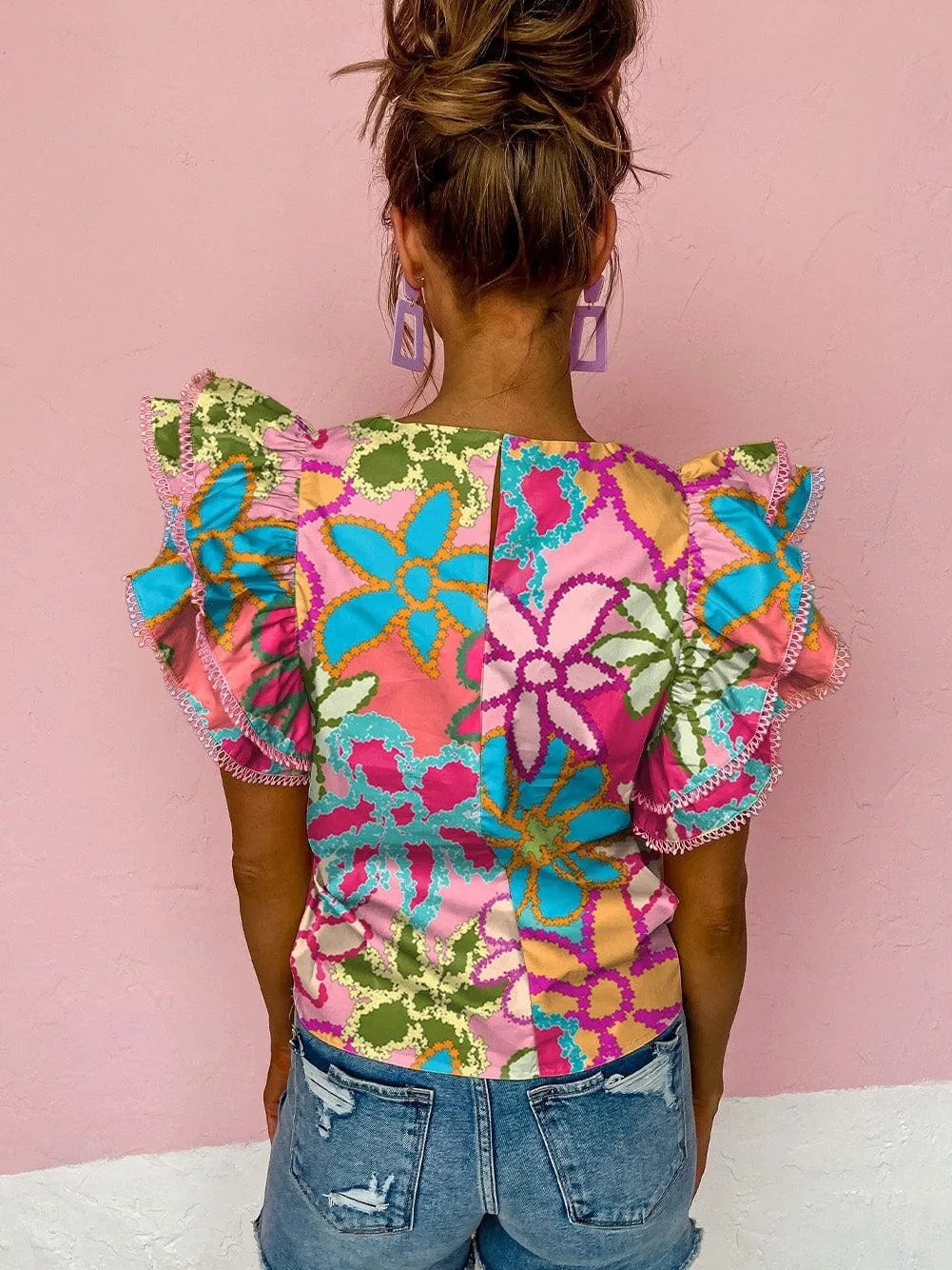 Abstract Floral Print Ruffled Blouse