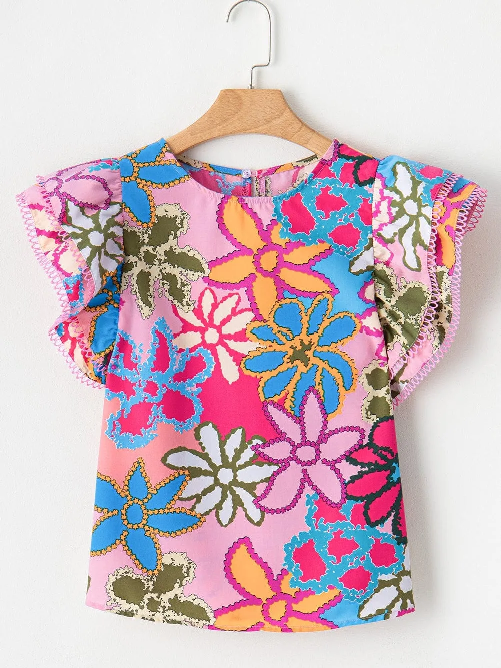 Abstract Floral Print Ruffled Blouse