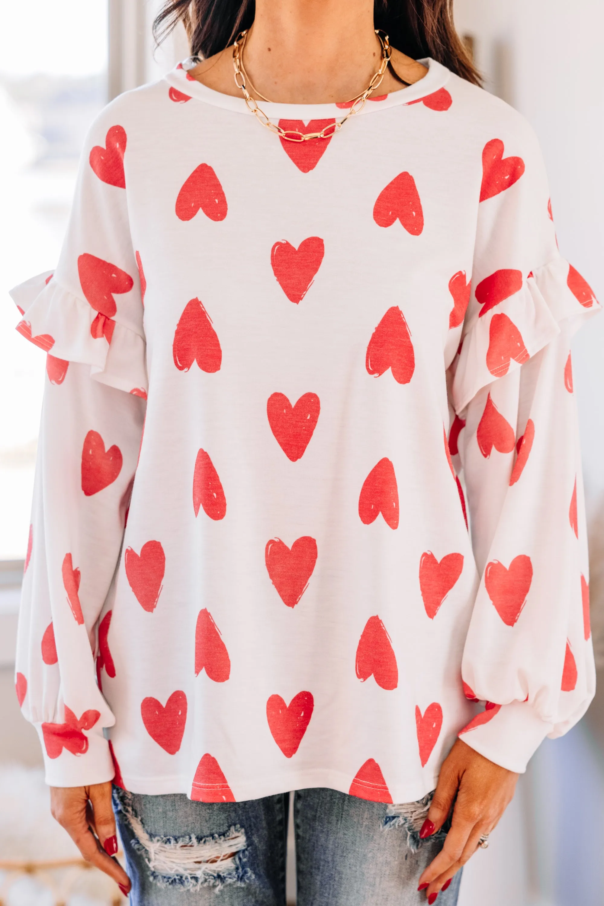 Adorable Destinations White Heart Print Ruffled Pullover