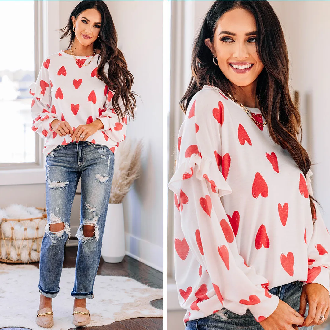 Adorable Destinations White Heart Print Ruffled Pullover