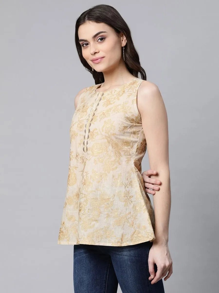 Ahalyaa Women Beige Cotton Gold Printed Tunic