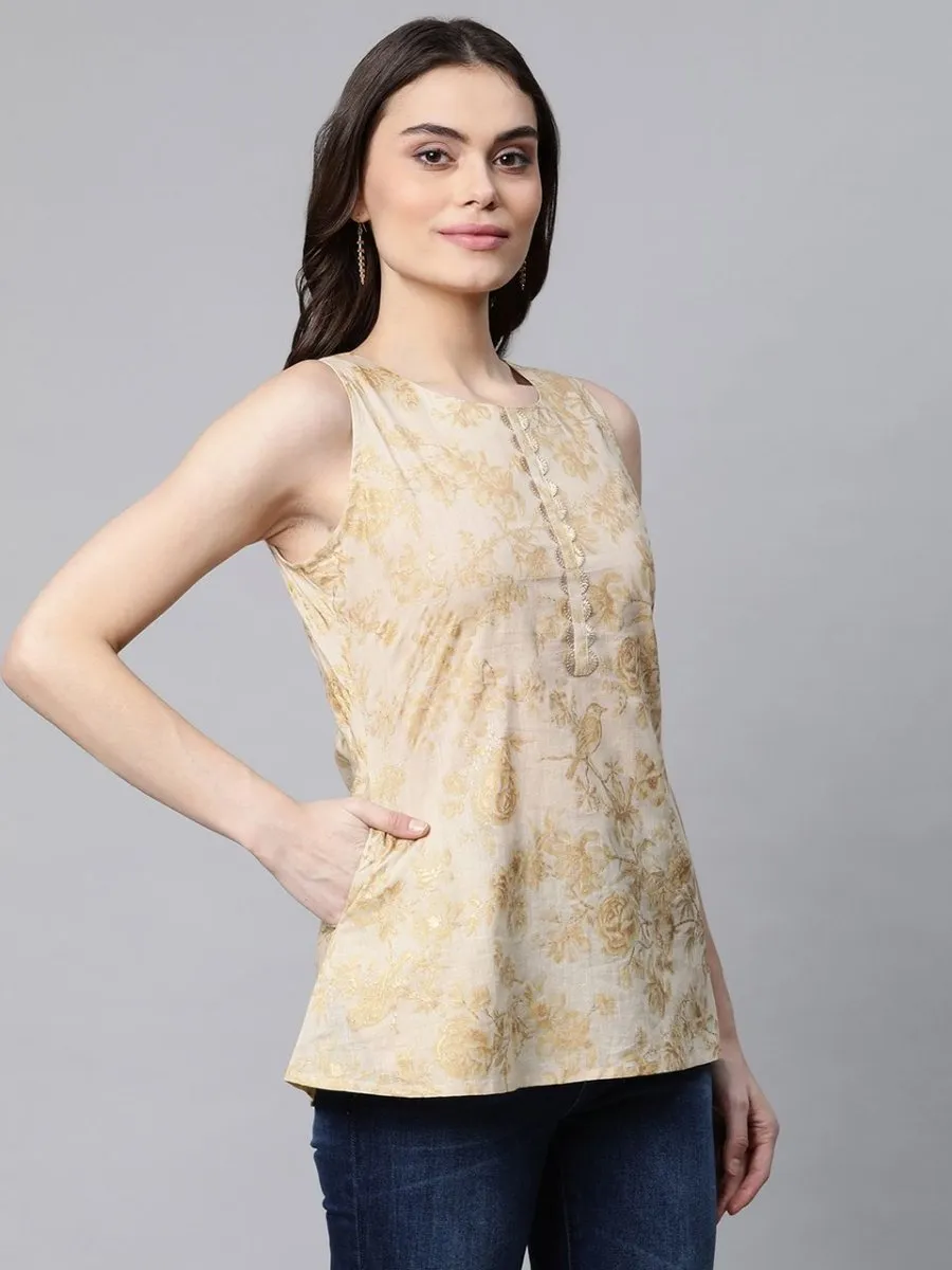 Ahalyaa Women Beige Cotton Gold Printed Tunic