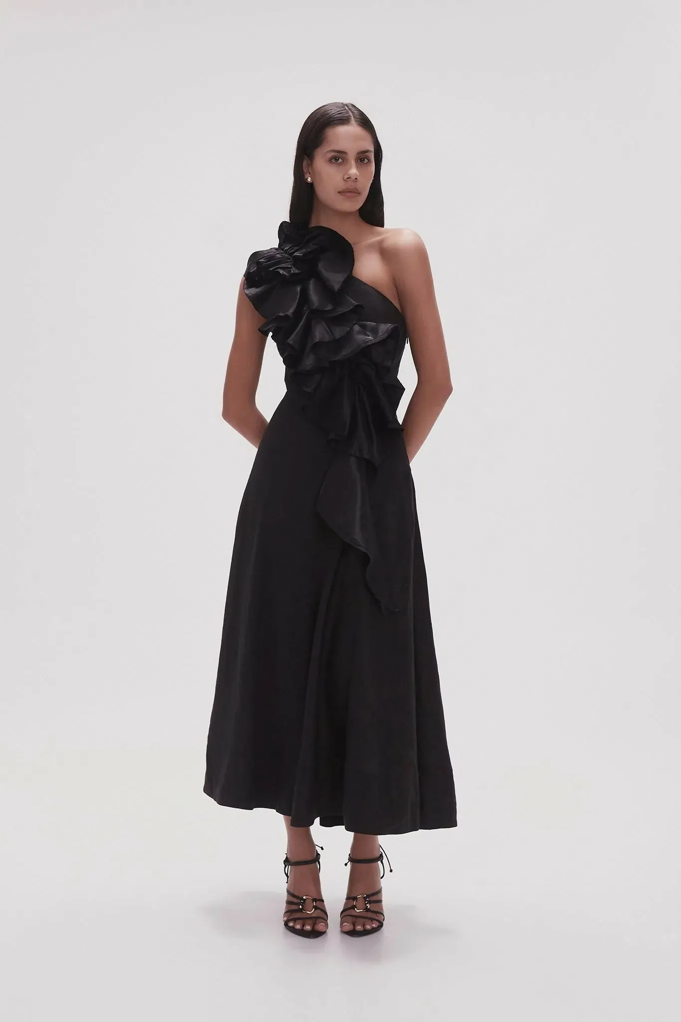 Aje Adelia Ruffle Midi Dress Black Size 12