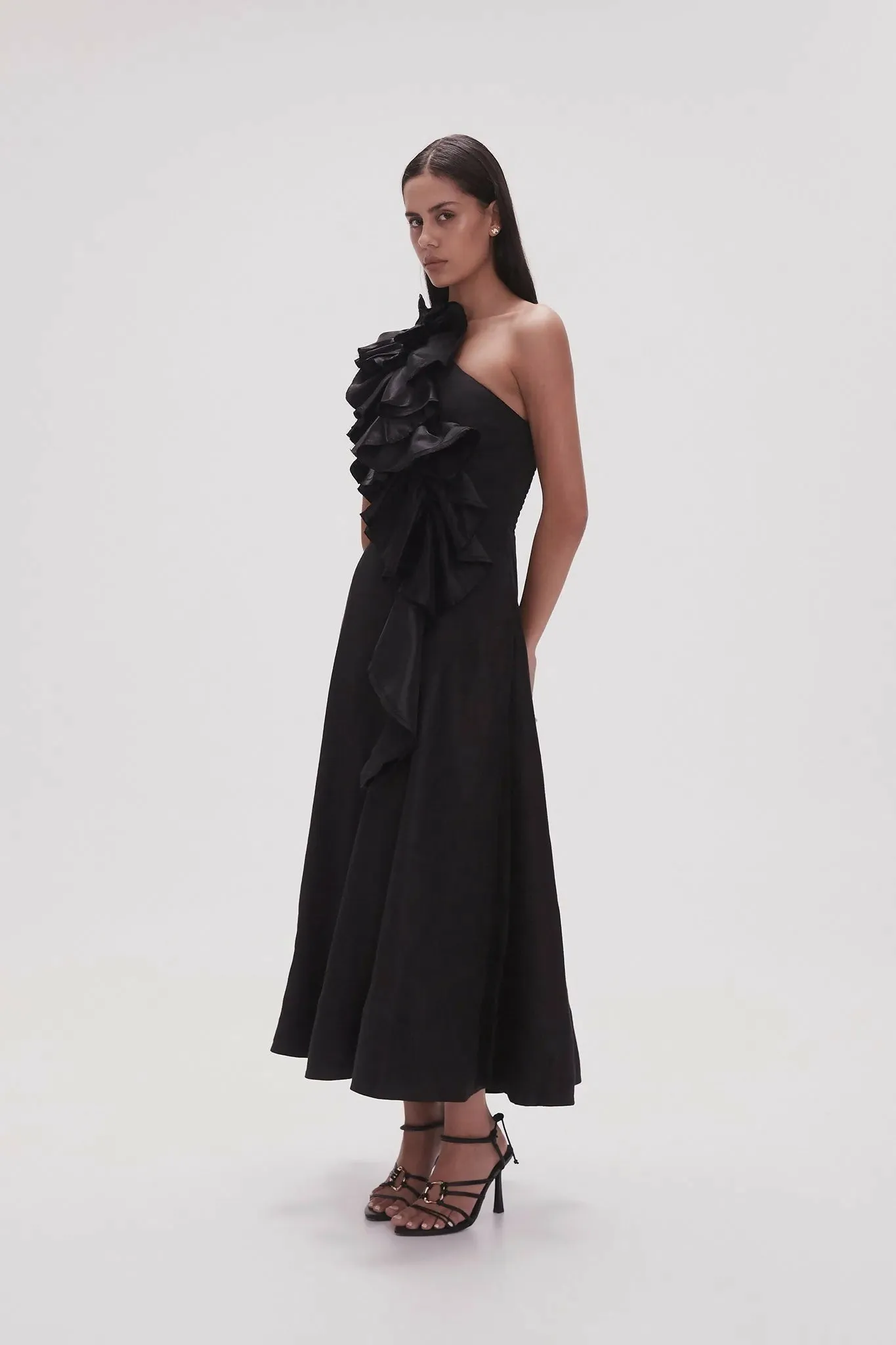 Aje Adelia Ruffle Midi Dress Black Size 12