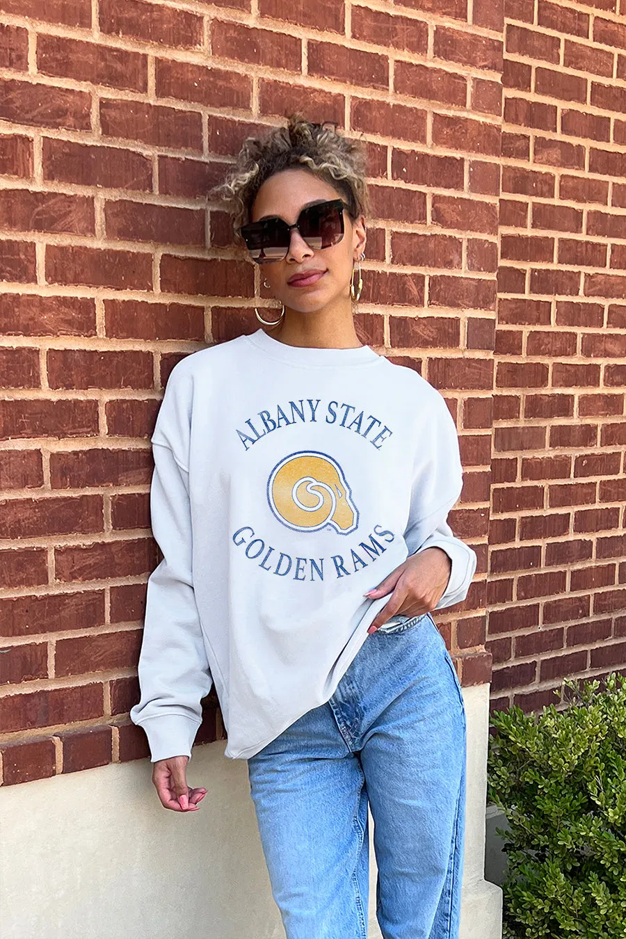 ALBANY STATE GOLDEN RAMS PLAY ON PREMIUM FLEECE DROP SHOULDER CREWNECK PULLOVER