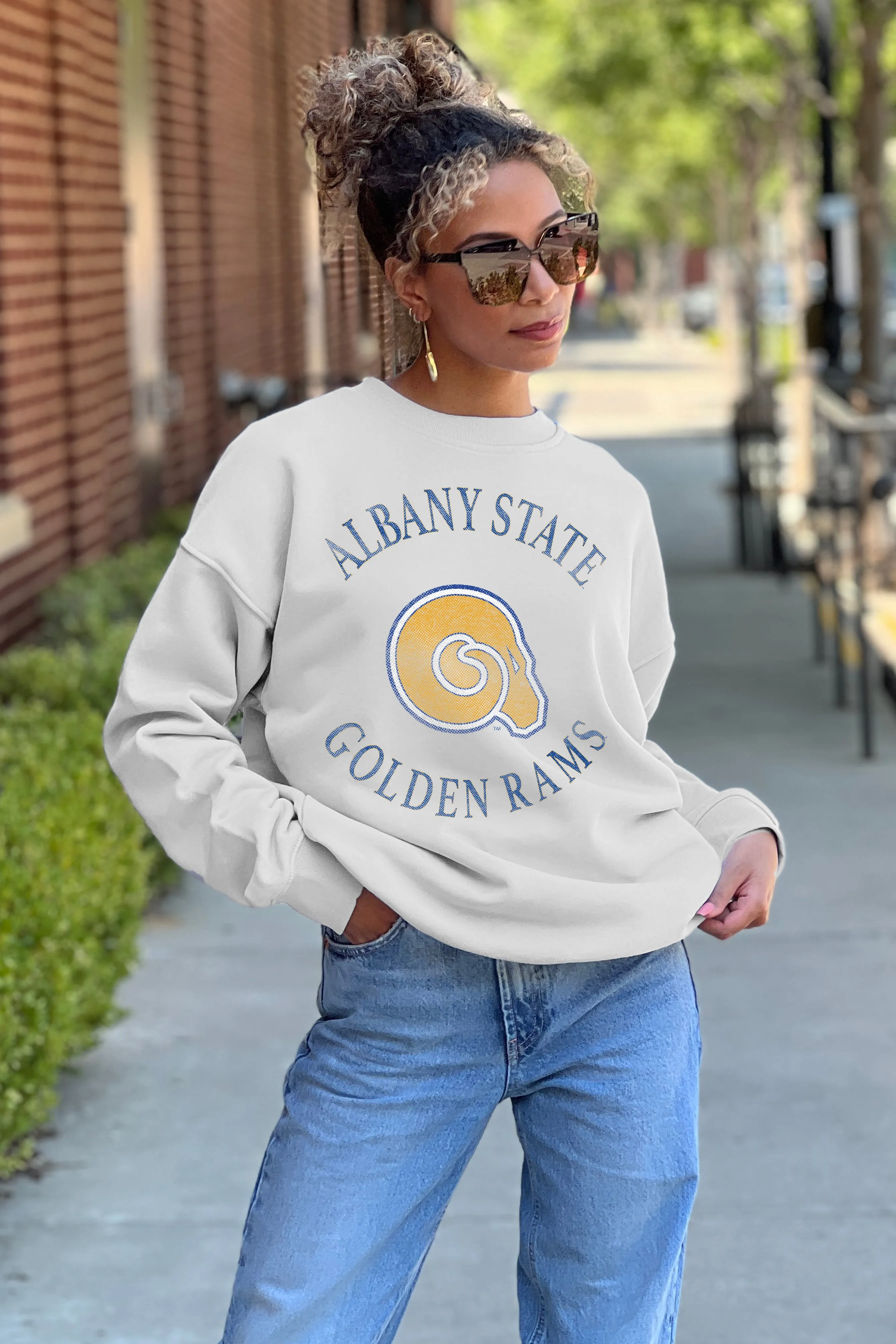 ALBANY STATE GOLDEN RAMS PLAY ON PREMIUM FLEECE DROP SHOULDER CREWNECK PULLOVER