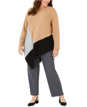 Alfani Plus Women's Colorblocked Asymmetrical Top, Caramel Syrup, 0X