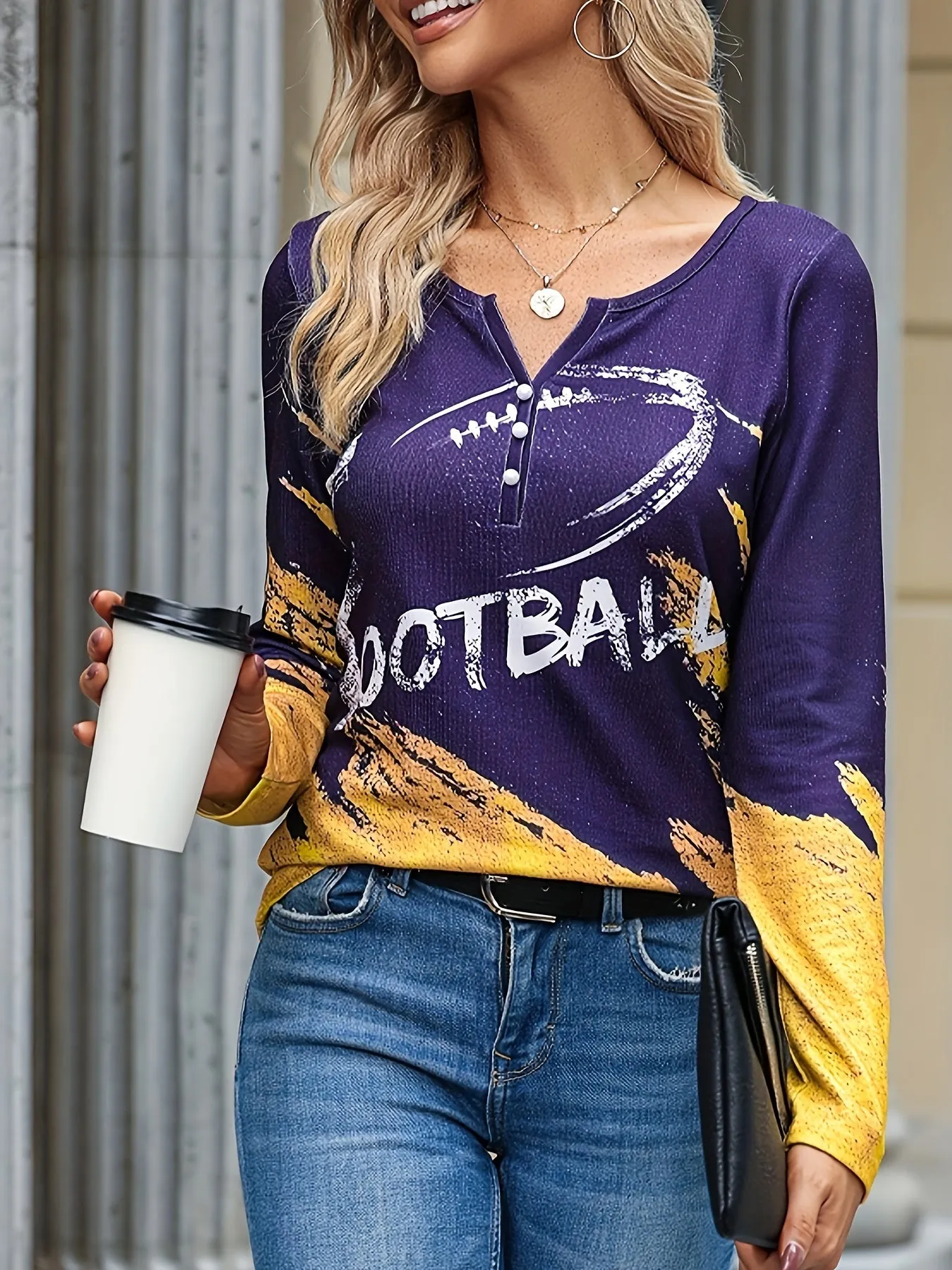 American Football Print Long Sleeve Sports Tops, Notched V-neck Half-button Breathable High-stretch Casual Pullover Tops, Women's Clothing - Women's Clothing