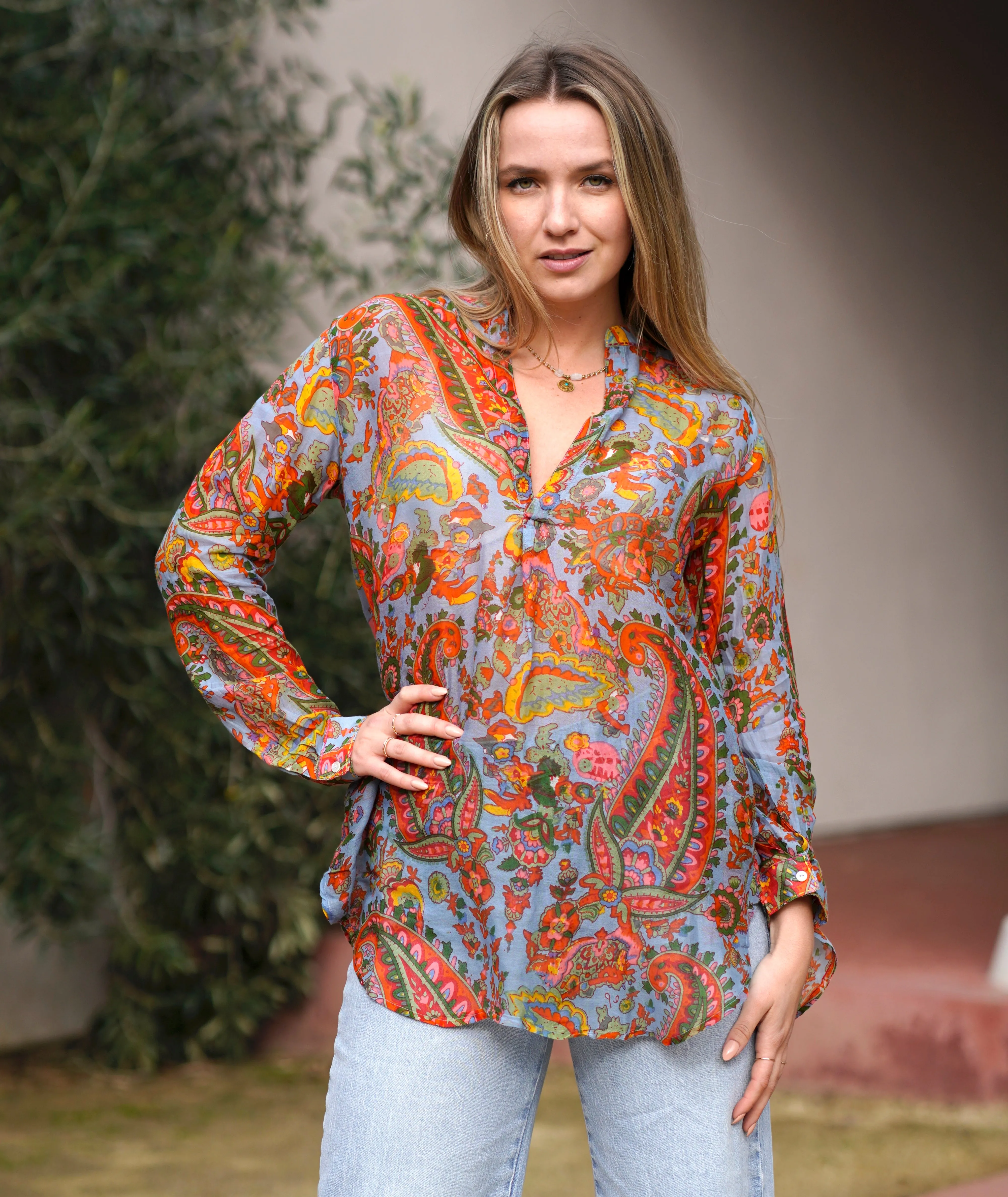 Anoushka Printed Paisley Top Blue