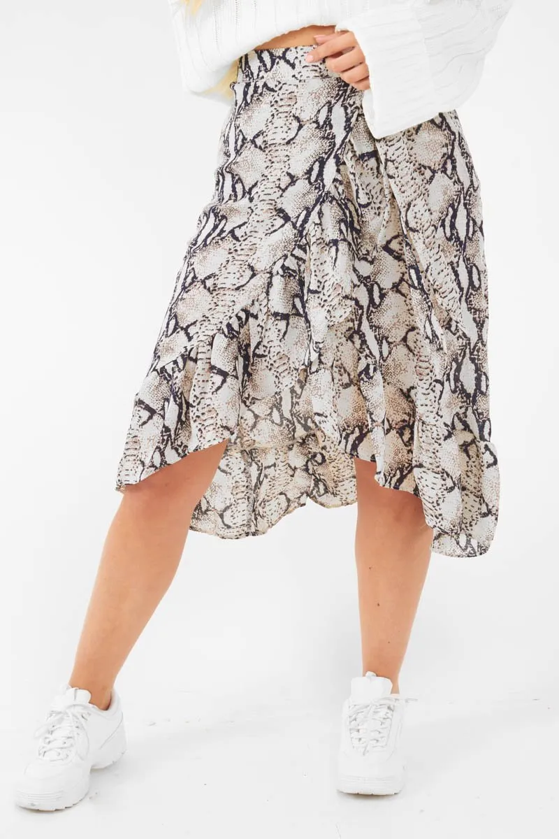 Beige Navy Snake Print Ruffle Midi Skirt - Dominique