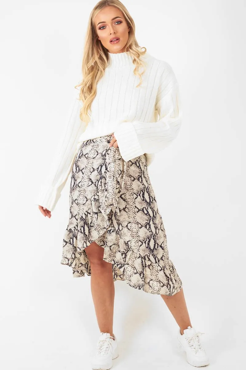 Beige Navy Snake Print Ruffle Midi Skirt - Dominique