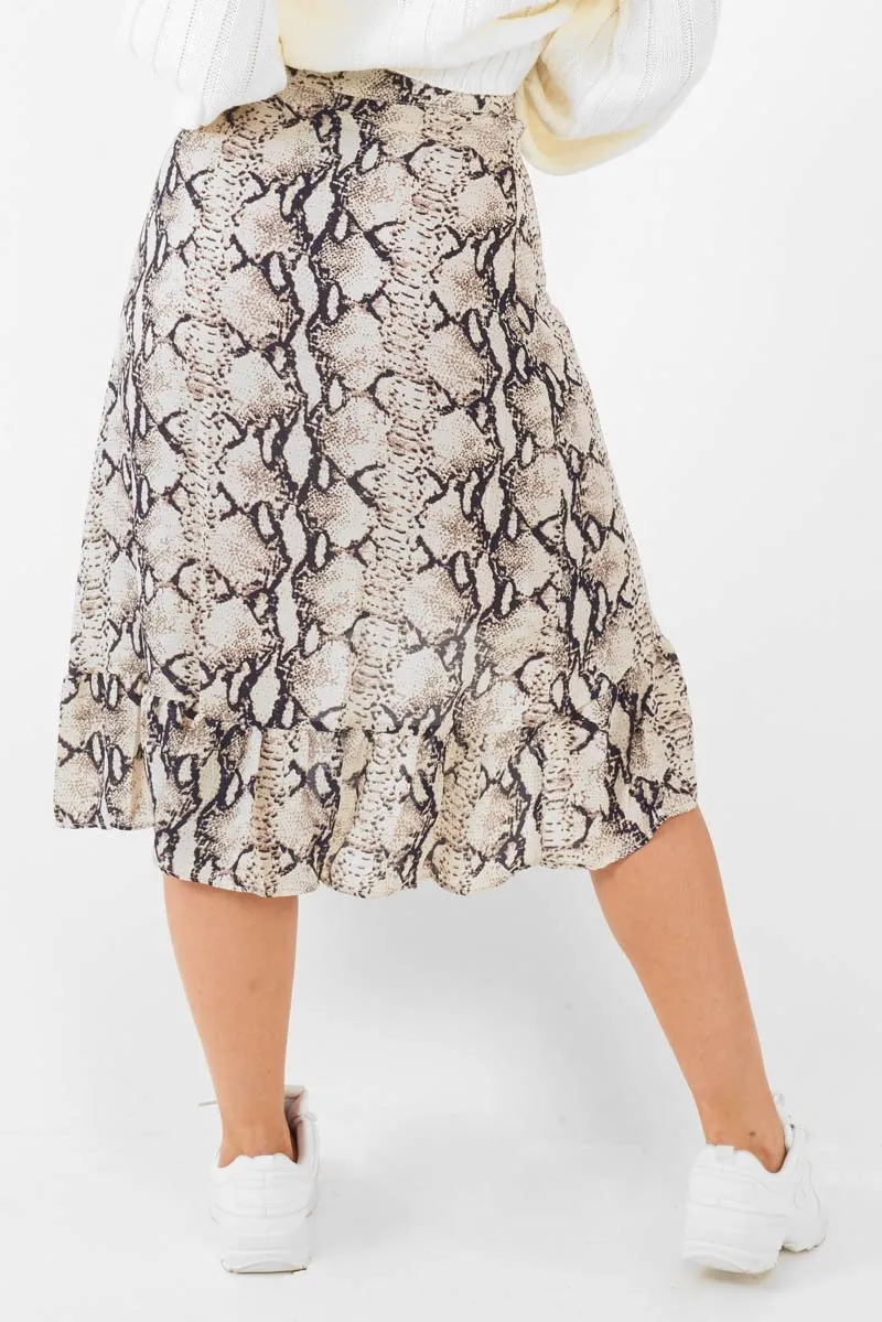 Beige Navy Snake Print Ruffle Midi Skirt - Dominique