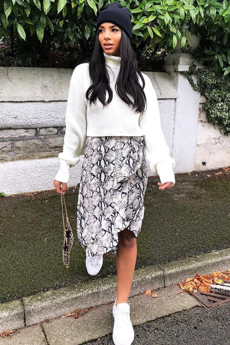 Beige Navy Snake Print Ruffle Midi Skirt - Dominique