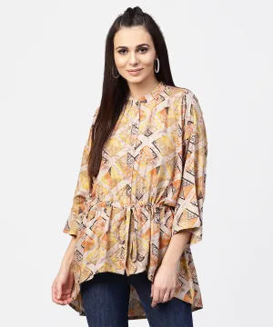 Beige printed short flared sleeve rayon tunic