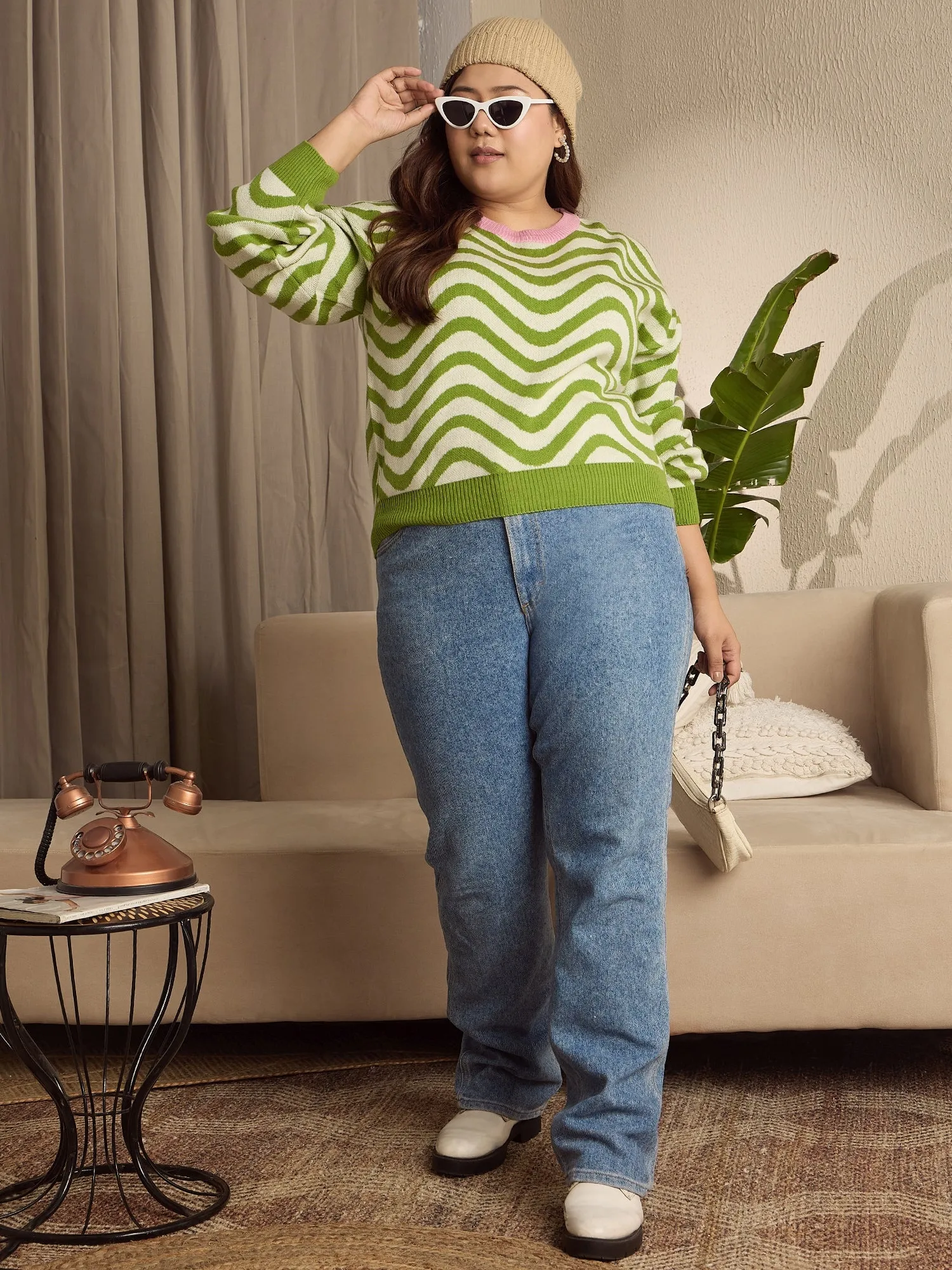 Berrylush Curve Women Green & White Striped Pattern Round Neck Drop-Shoulder Sleeves Ribbed Hem Regular Pullover