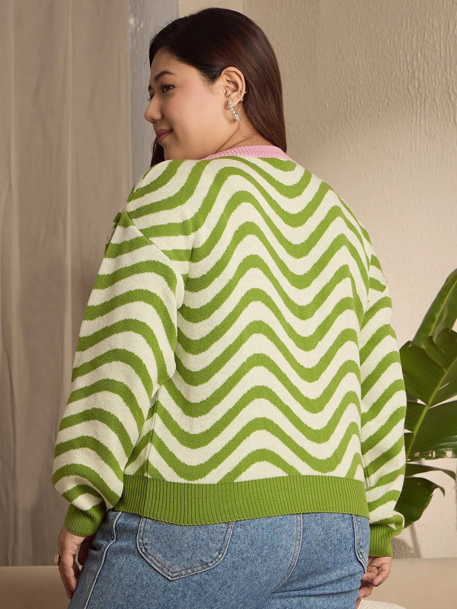 Berrylush Curve Women Green & White Striped Pattern Round Neck Drop-Shoulder Sleeves Ribbed Hem Regular Pullover