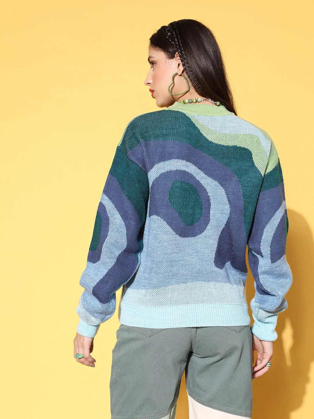 Berrylush Women Blue, Purple, & Green Abstract Printed Round Neck Acrylic Ribbed Hem Regular Pullover