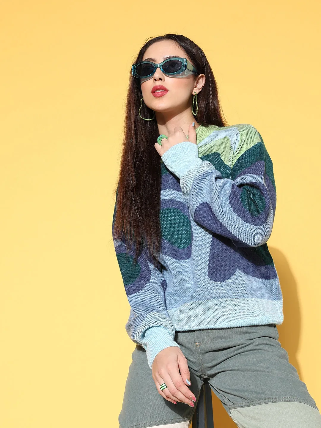 Berrylush Women Blue, Purple, & Green Abstract Printed Round Neck Acrylic Ribbed Hem Regular Pullover