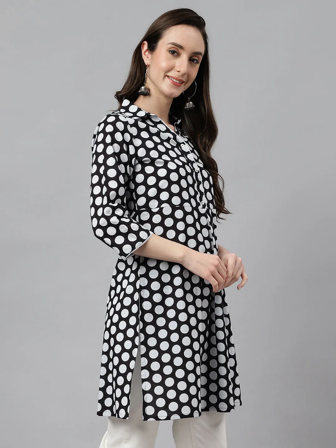 Black Cotton Polka Print A-Line Tunic  - By Janasya