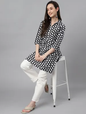 Black Cotton Polka Print A-Line Tunic  - By Janasya