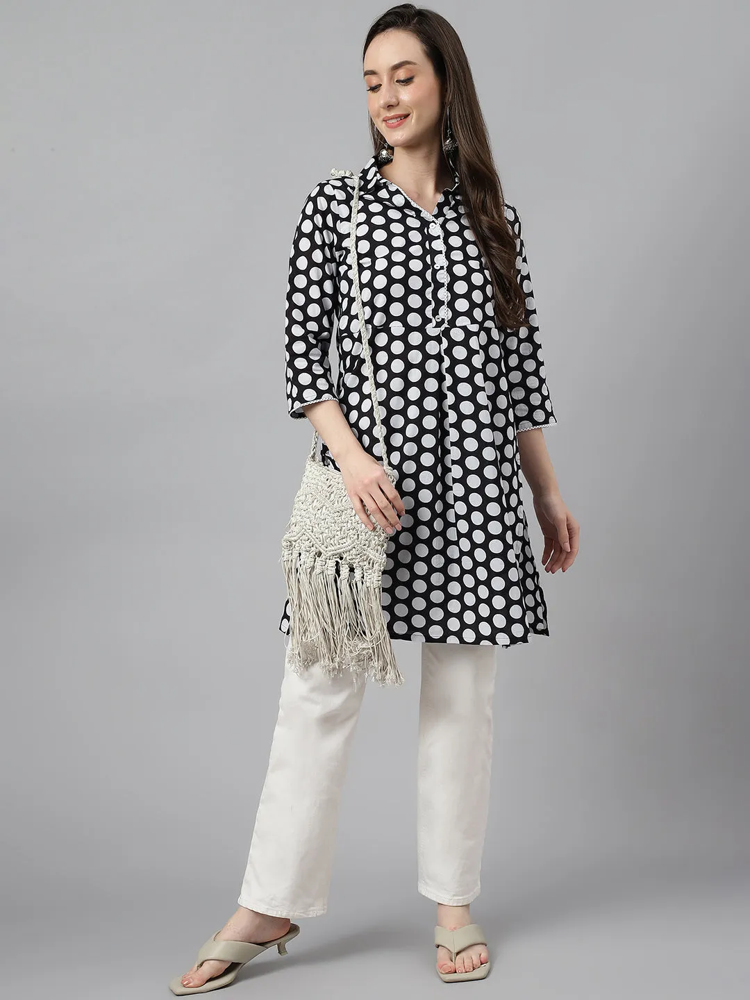 Black Cotton Polka Print A-Line Tunic  - By Janasya