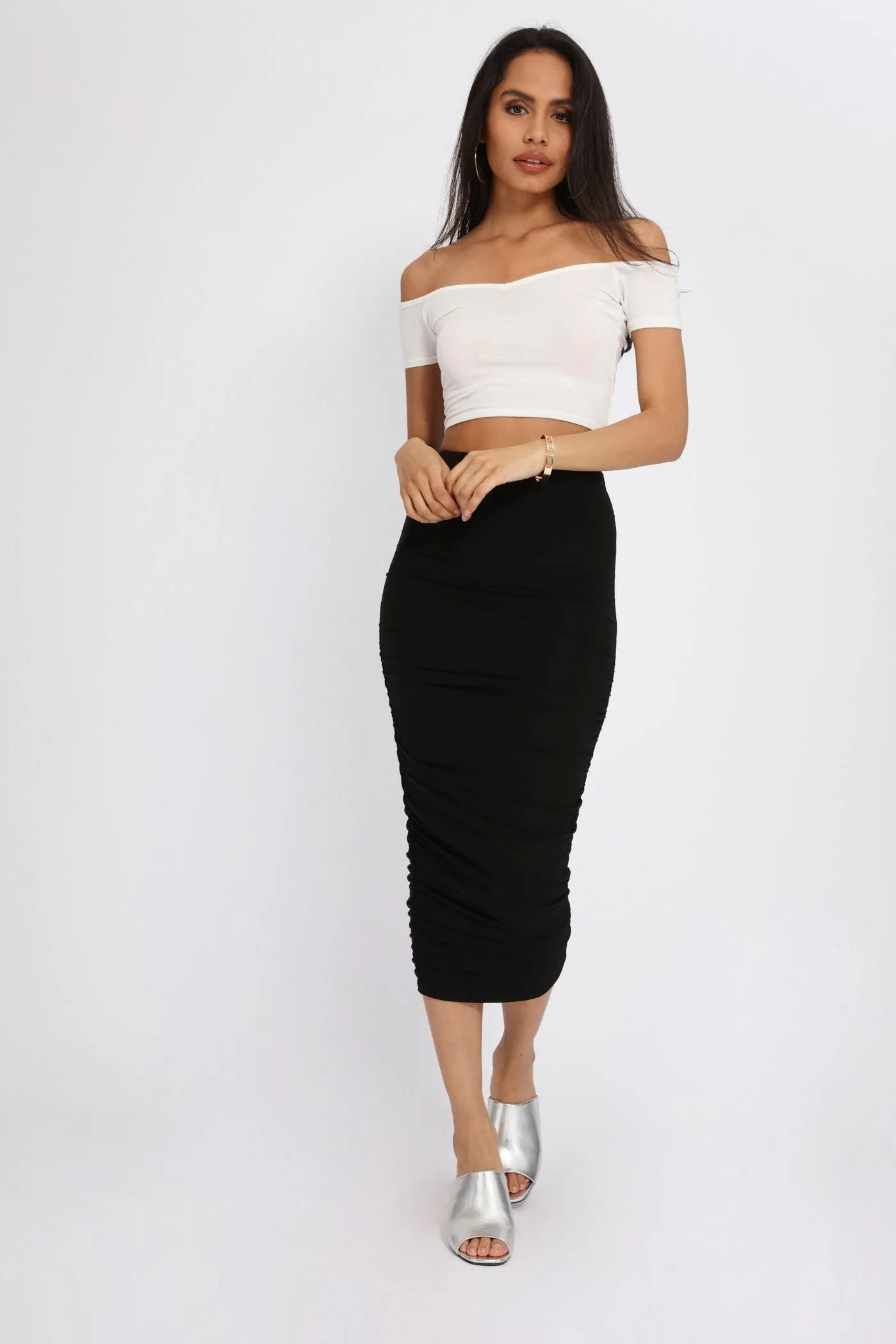 Black Ruched Side Midi Skirt