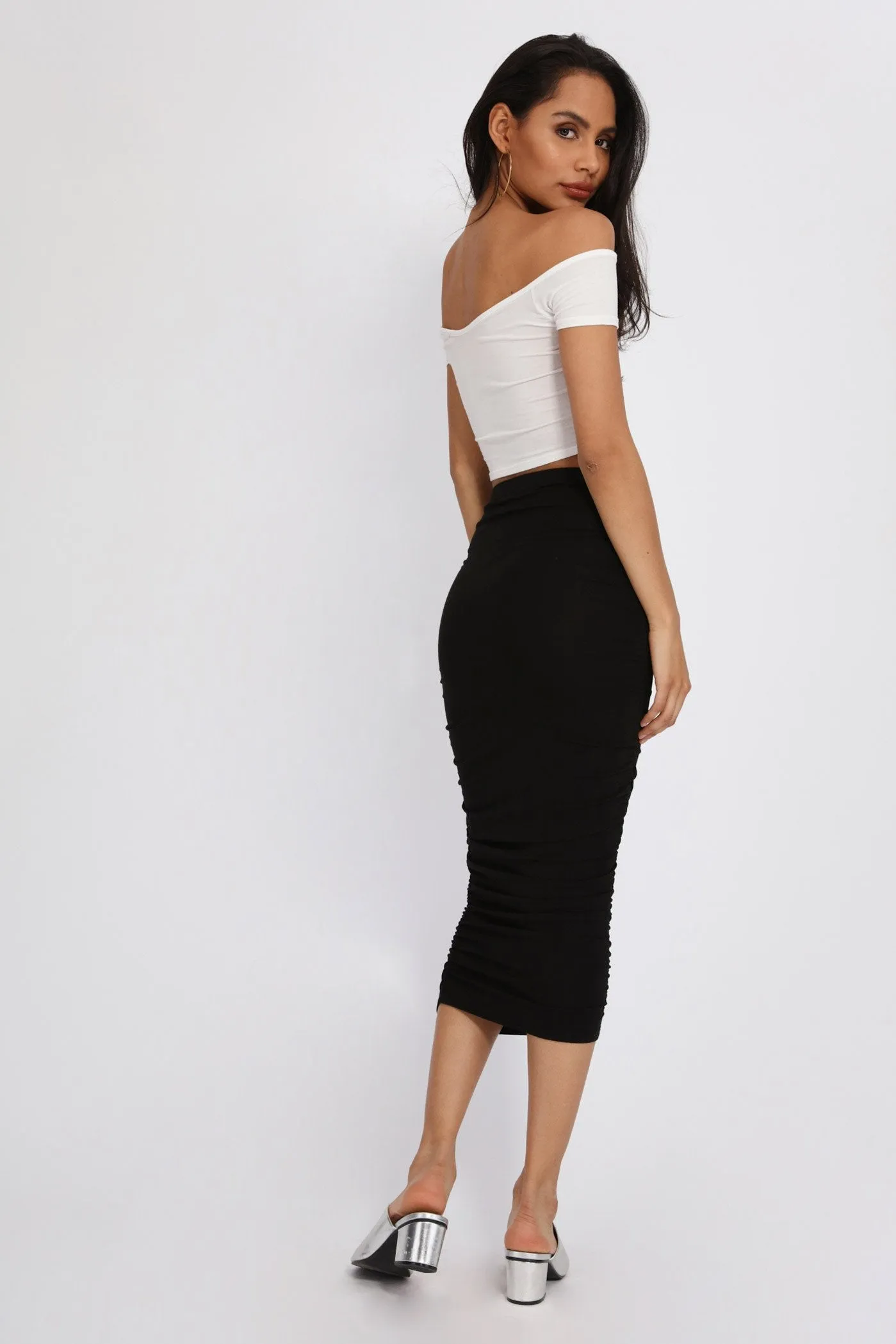 Black Ruched Side Midi Skirt