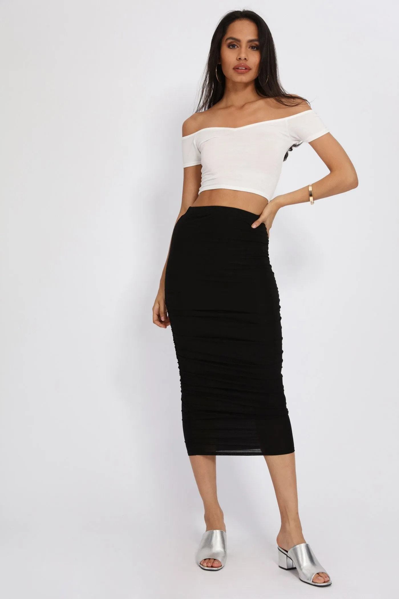 Black Ruched Side Midi Skirt