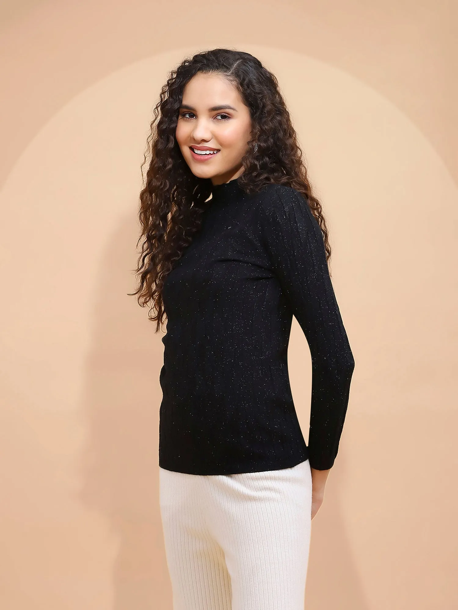 Black Solid Poly Viscose Slim Fit High Neck Skivvy Pullover