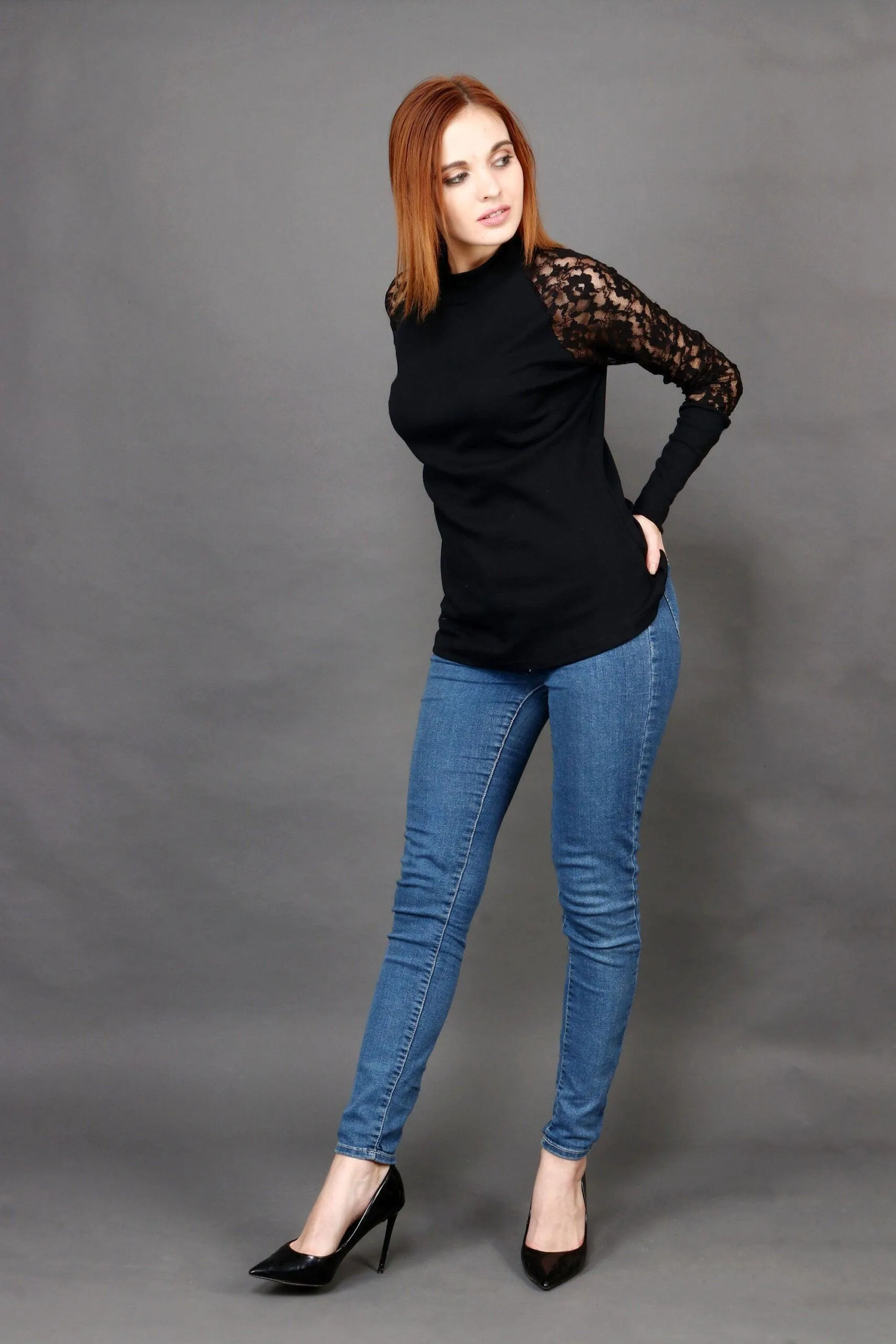 Black Solid Rib Top with Net Sleeves