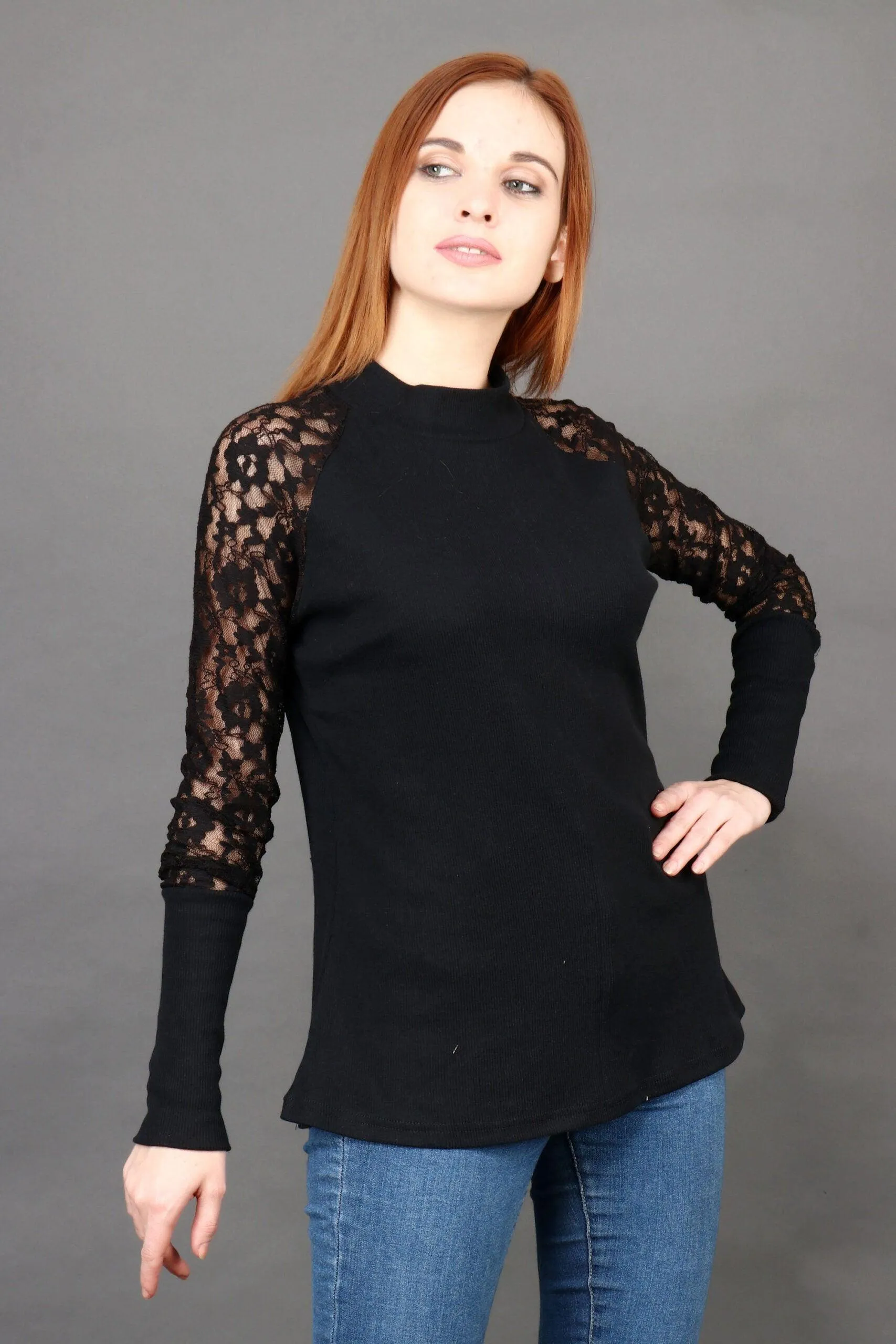 Black Solid Rib Top with Net Sleeves