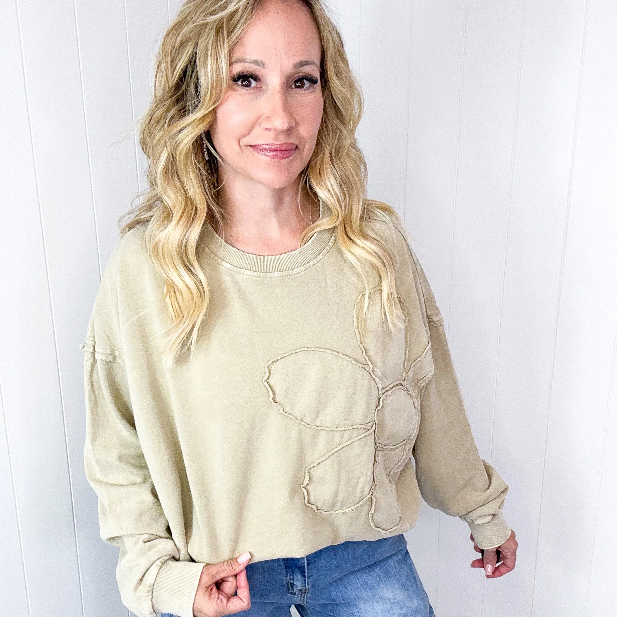 Blooming Stitched Floral Patch Washed Terry Knit Long Sleeve Pullover in 2 Colors