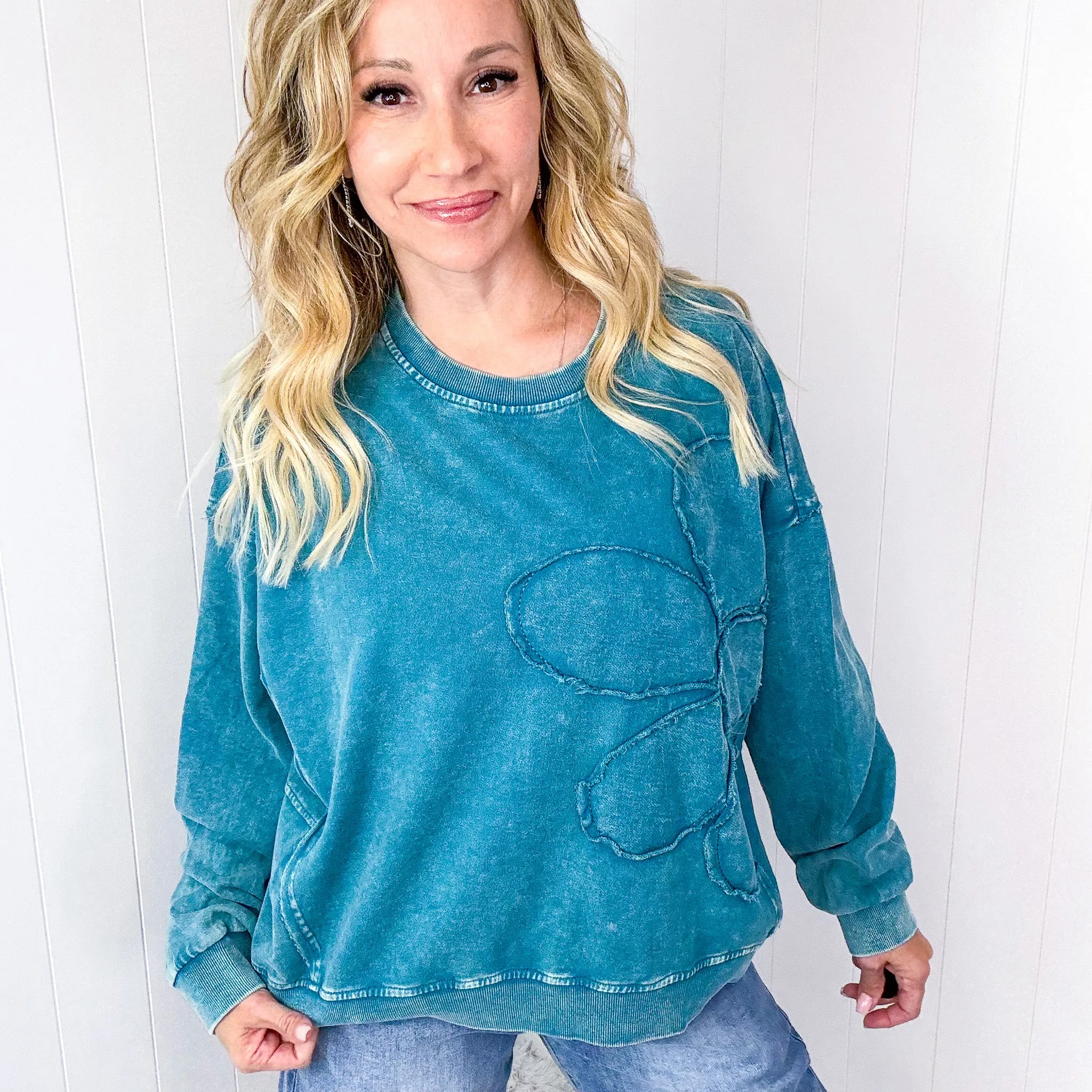 Blooming Stitched Floral Patch Washed Terry Knit Long Sleeve Pullover in 2 Colors