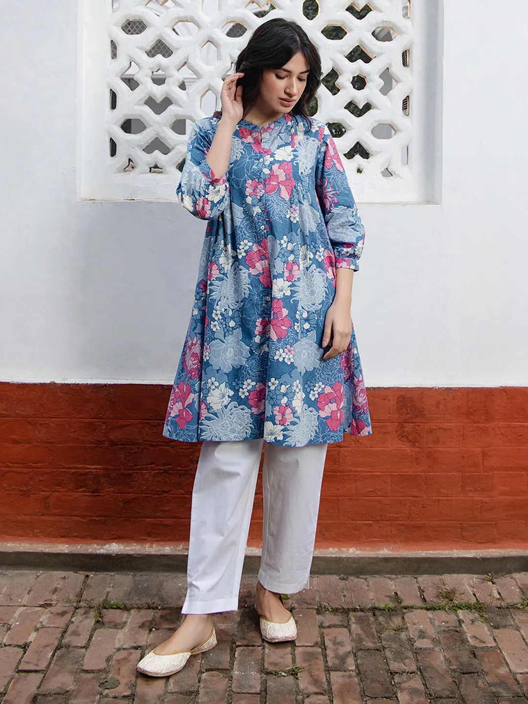 Blue Cotton Floral A-Line Tunic  - By Janasya