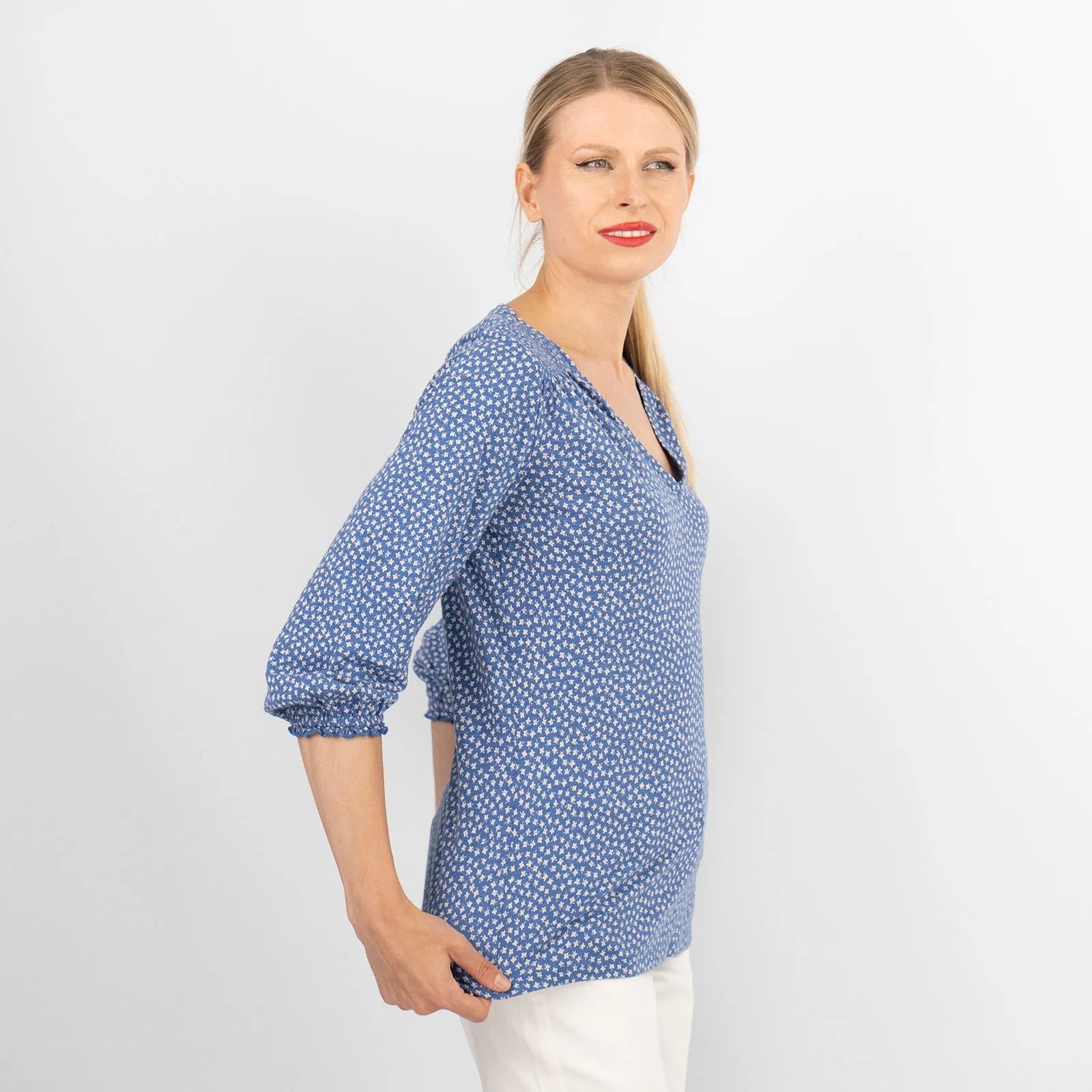 Blue Ditsy Floral 3/4 Sleeve Soft Relaxed Jersey Tops