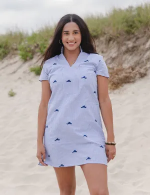 Blue Seersucker Tunic Dress with Navy Embroidered Martha's Vineyards