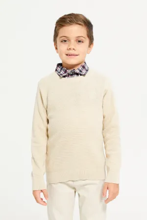 Boys Beige Pullover With Mock Collar