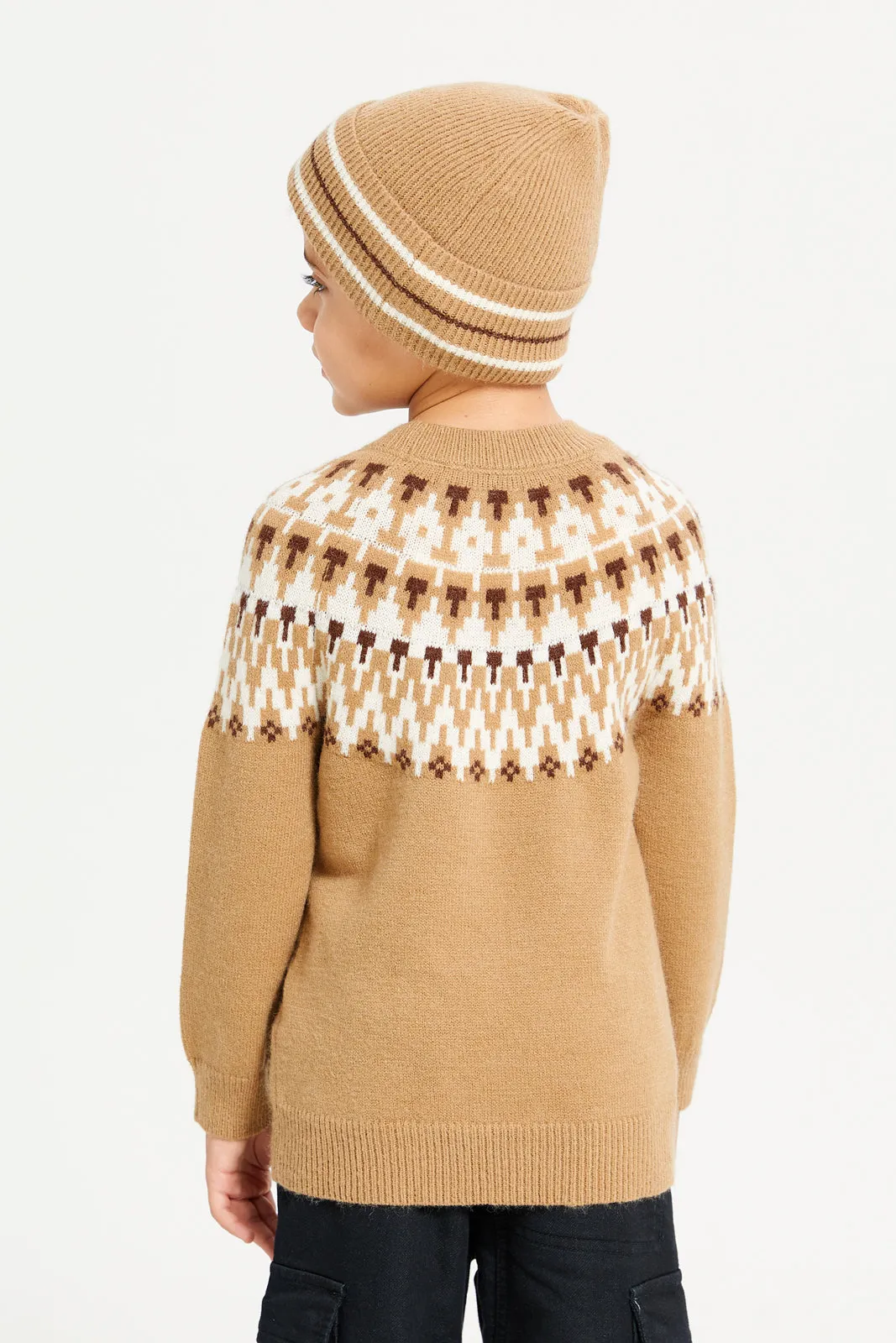 Boys Brown Pullover With Hat (2 Piece)