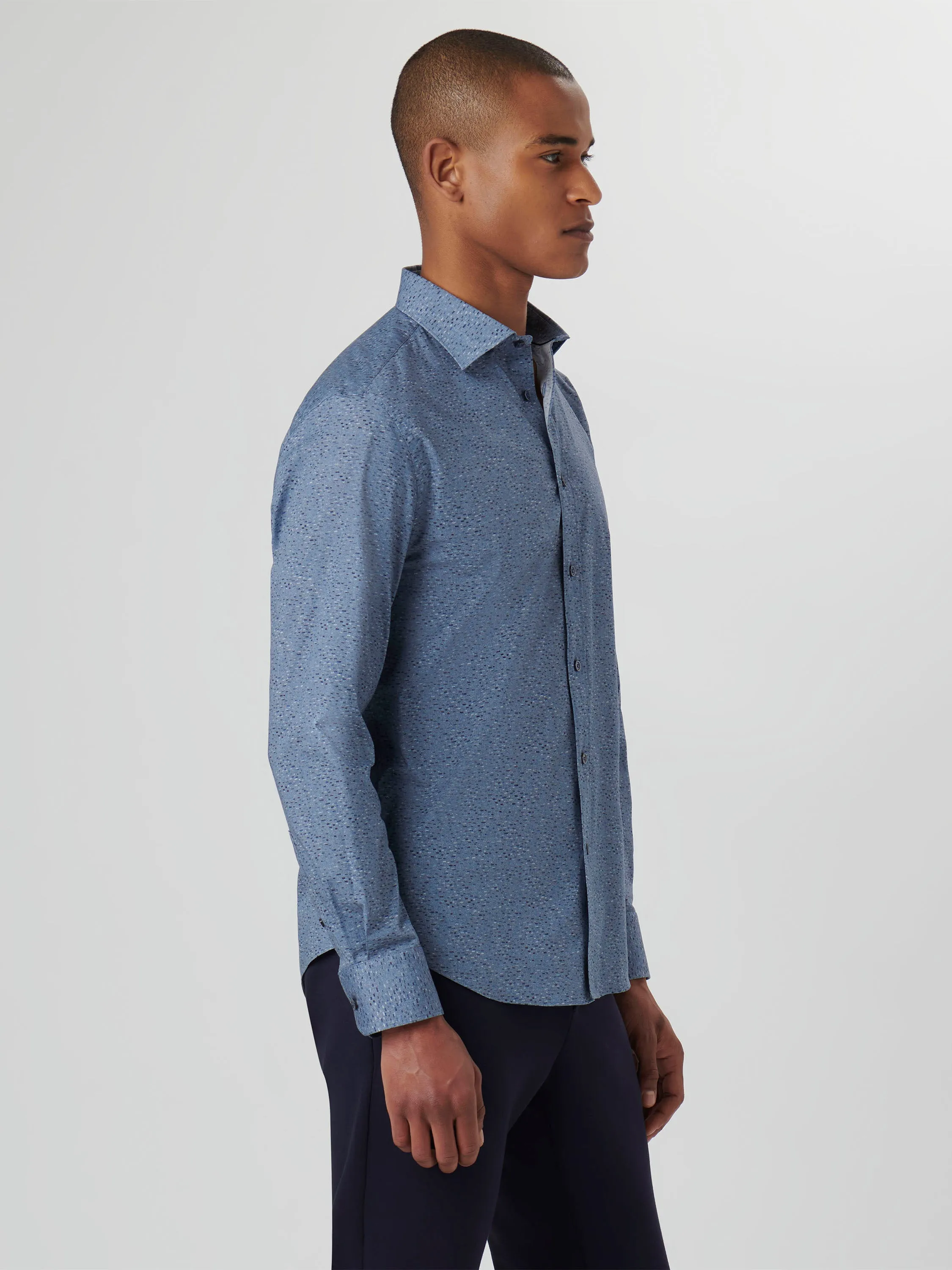 Bugatchi Dusty Blue Specks 6 Way Stretch Long Sleeve