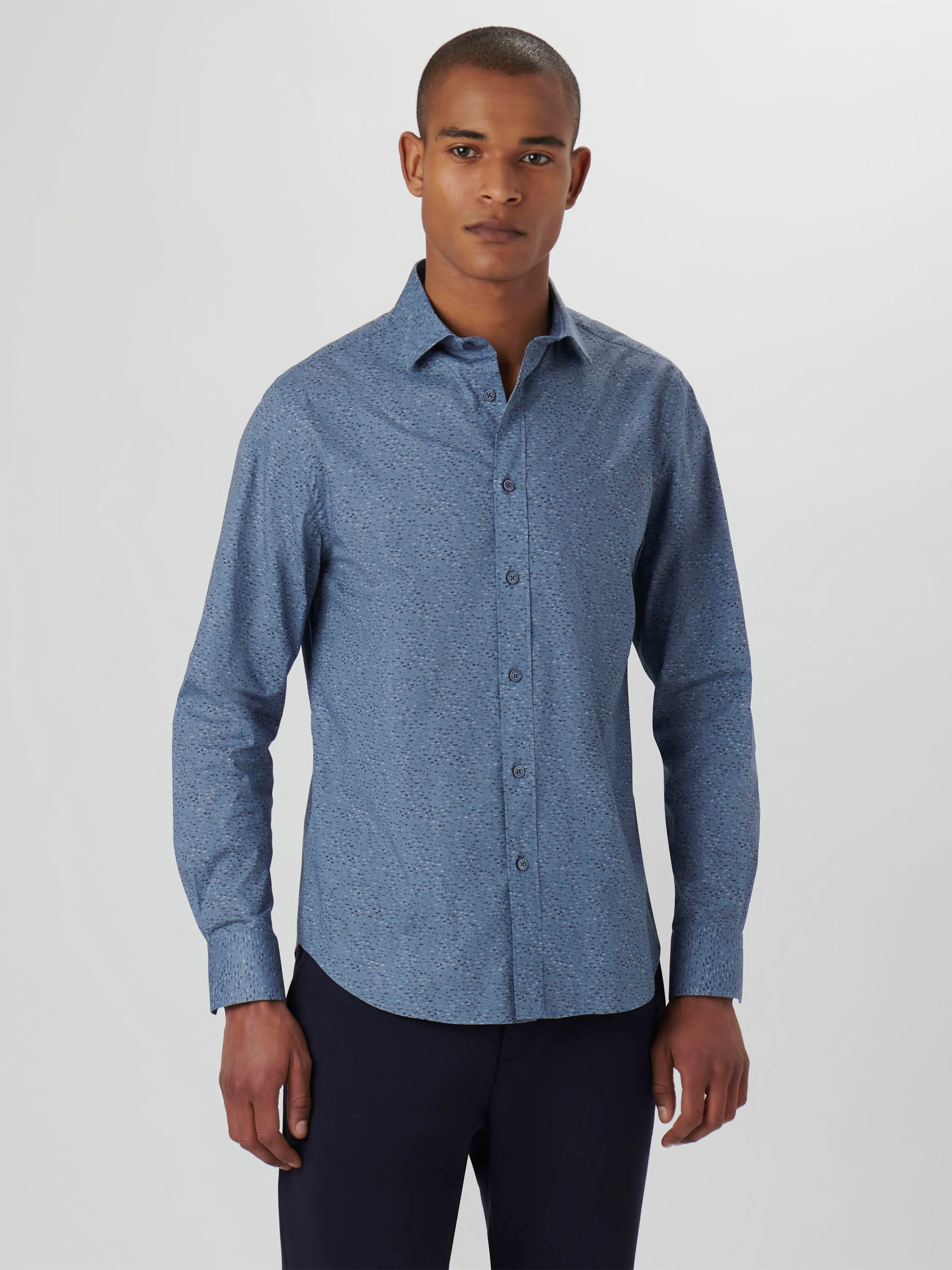 Bugatchi Dusty Blue Specks 6 Way Stretch Long Sleeve